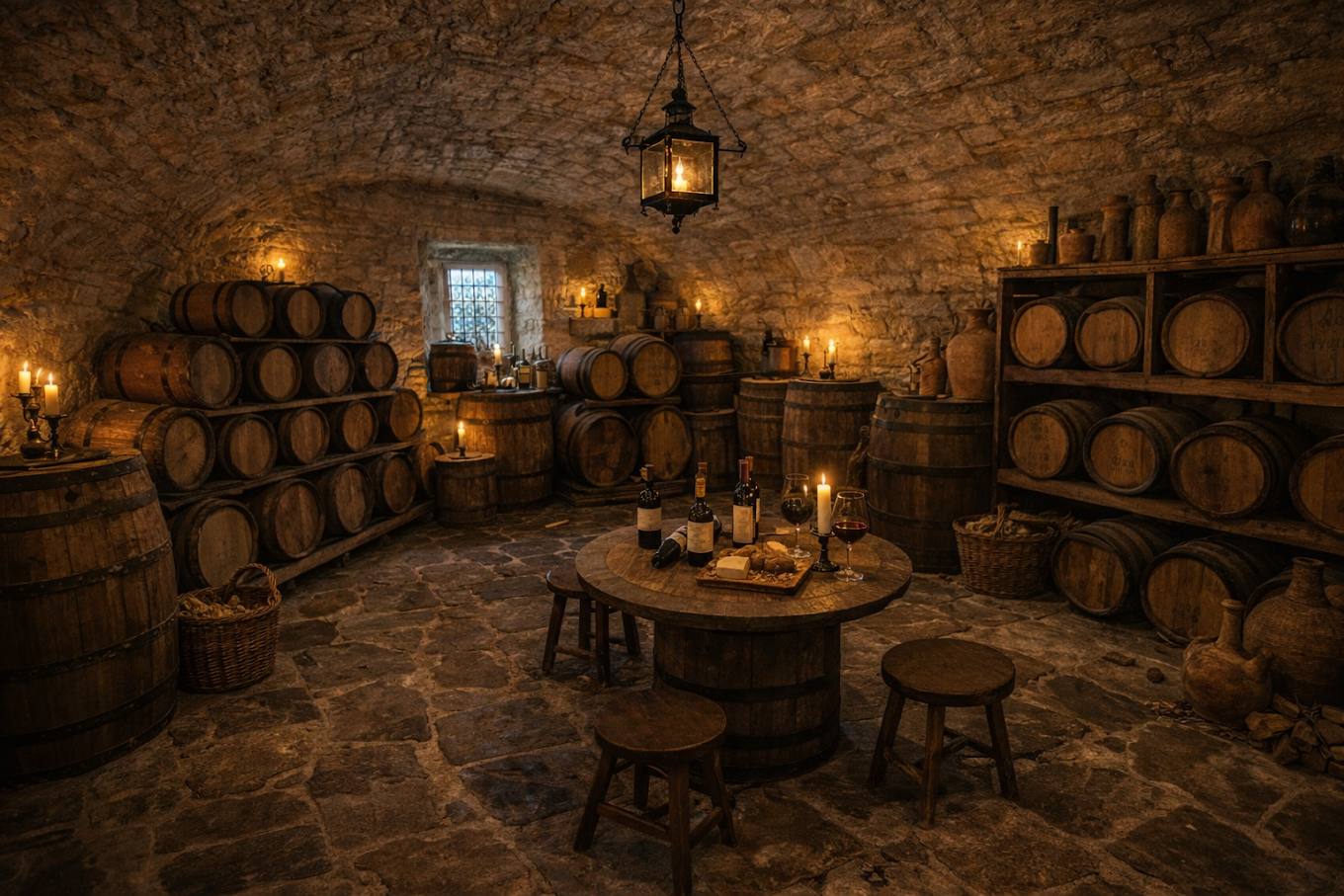 Vaulted stone cellar set for a tasting, lit by lanterns